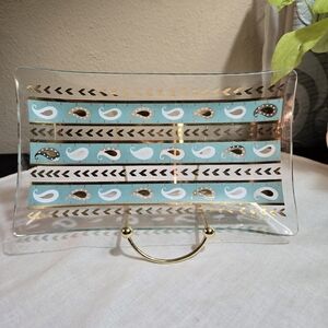 Vintage MCM Gay Fad Rectangular Decorative Glass Tray with Gold Accents